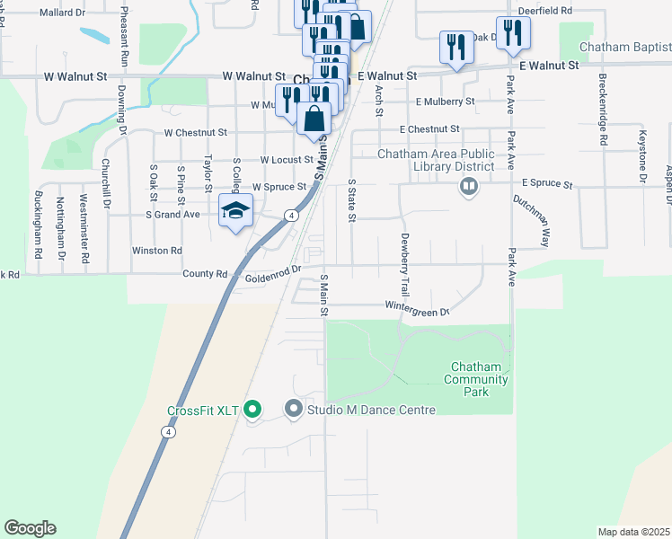 map of restaurants, bars, coffee shops, grocery stores, and more near 505 South Main Street in Chatham