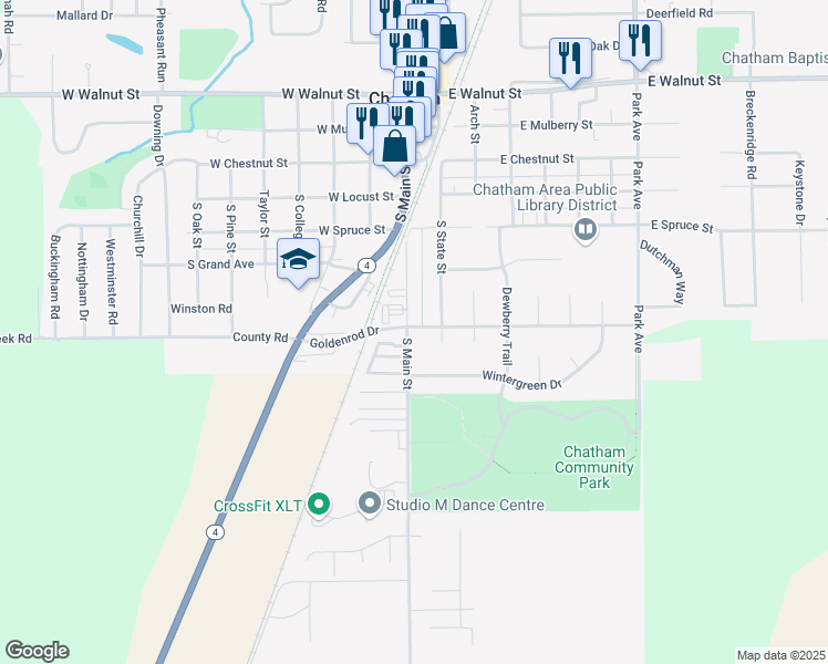 map of restaurants, bars, coffee shops, grocery stores, and more near 505 South Main Street in Chatham