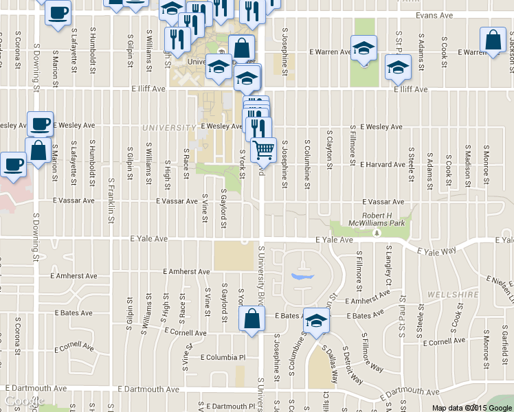 map of restaurants, bars, coffee shops, grocery stores, and more near 2601 South University Boulevard in Denver