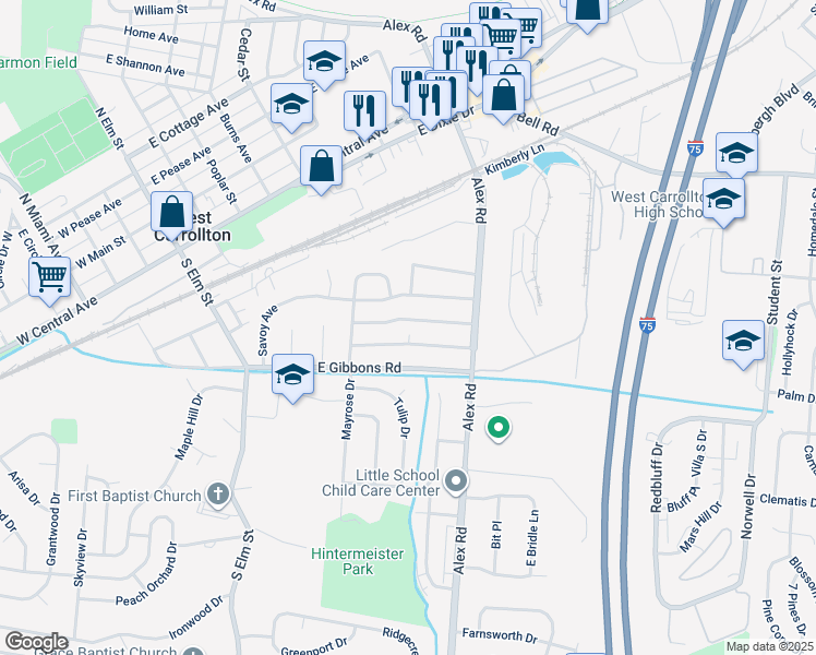 map of restaurants, bars, coffee shops, grocery stores, and more near in West Carrollton