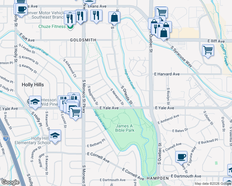 map of restaurants, bars, coffee shops, grocery stores, and more near 2661 South Newport Street in Denver