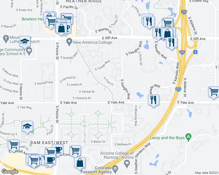 map of restaurants, bars, coffee shops, grocery stores, and more near 2607 South Troy Court in Aurora