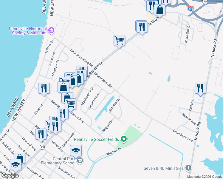 map of restaurants, bars, coffee shops, grocery stores, and more near 45 Churchtown Road in Pennsville