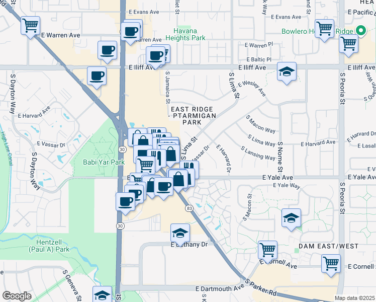 map of restaurants, bars, coffee shops, grocery stores, and more near 2634 South Lima Street in Aurora