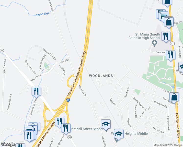 map of restaurants, bars, coffee shops, grocery stores, and more near 1545 Kensington Drive in Hagerstown