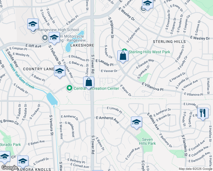 map of restaurants, bars, coffee shops, grocery stores, and more near 2521 South Bahama Circle in Aurora