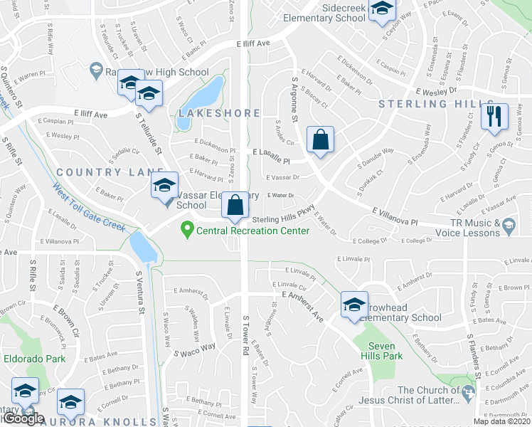 map of restaurants, bars, coffee shops, grocery stores, and more near 2521 South Bahama Circle in Aurora