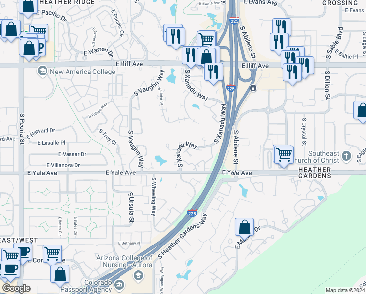 map of restaurants, bars, coffee shops, grocery stores, and more near 2672 South Xanadu Way in Aurora