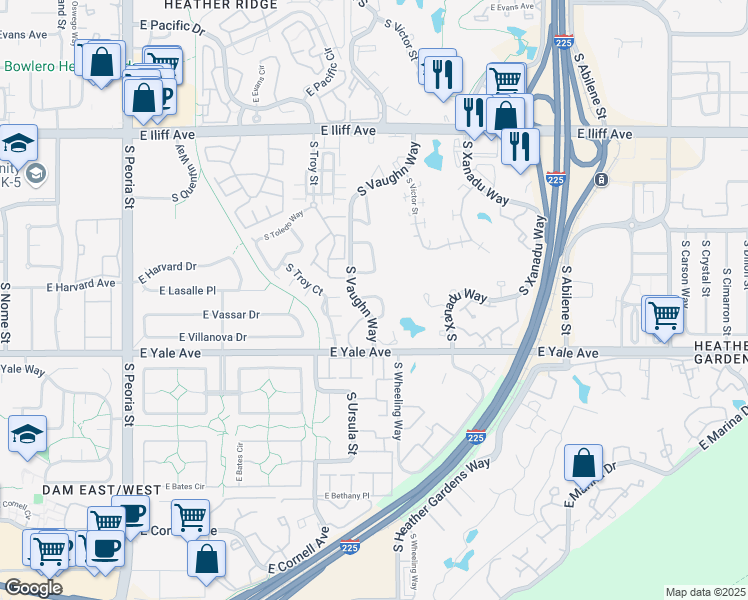 map of restaurants, bars, coffee shops, grocery stores, and more near 2650 South Vaughn Way in Aurora