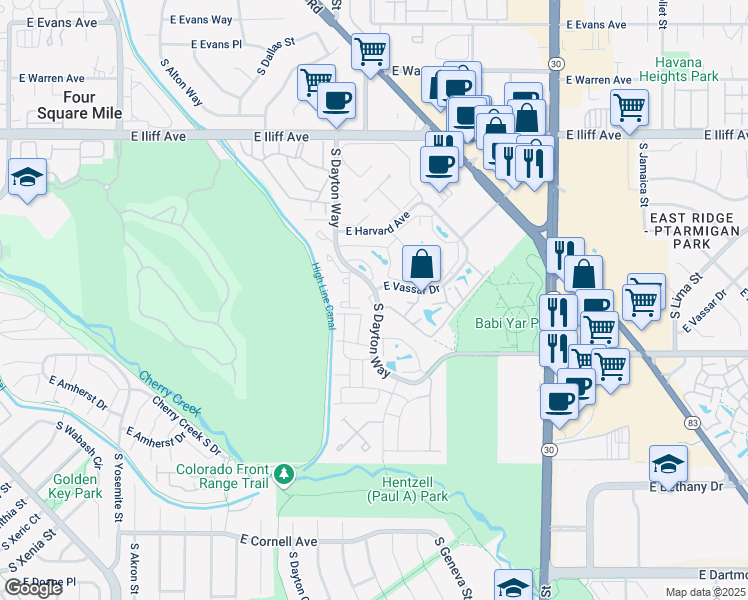 map of restaurants, bars, coffee shops, grocery stores, and more near 2649 South Dayton Way in Denver