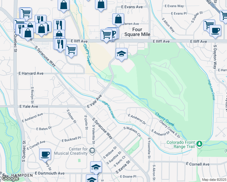 map of restaurants, bars, coffee shops, grocery stores, and more near 8350 East Yale Avenue in Denver