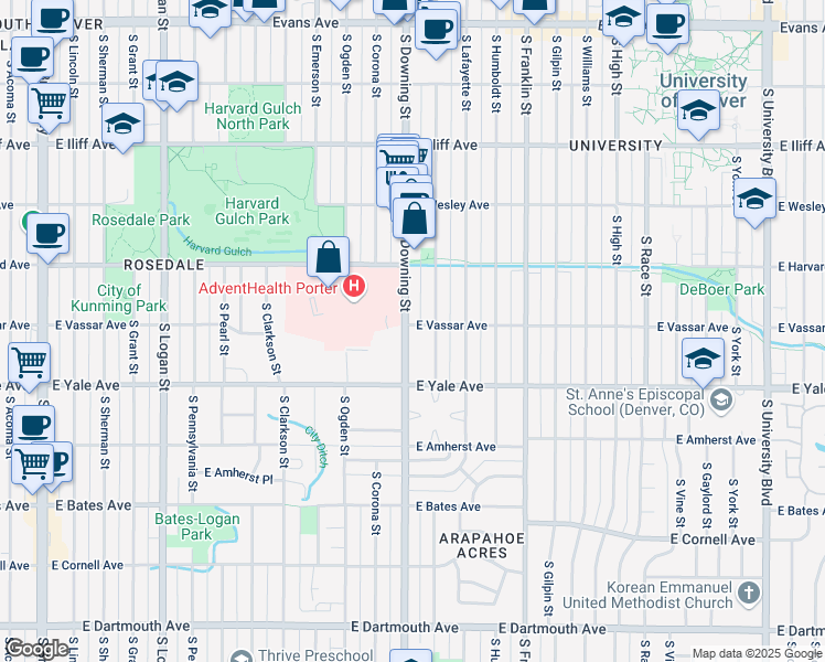 map of restaurants, bars, coffee shops, grocery stores, and more near 2616 South Downing Street in Denver