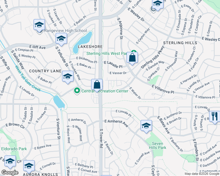 map of restaurants, bars, coffee shops, grocery stores, and more near 2521 South Bahama Circle in Aurora