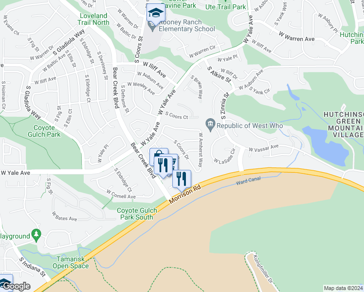map of restaurants, bars, coffee shops, grocery stores, and more near 13698 West Amherst Place in Lakewood
