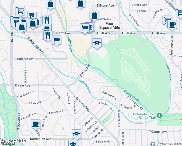 map of restaurants, bars, coffee shops, grocery stores, and more near 8400 East Yale Avenue in Denver