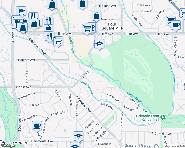map of restaurants, bars, coffee shops, grocery stores, and more near 8400 East Yale Avenue in Denver