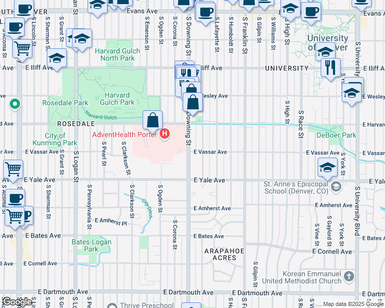 map of restaurants, bars, coffee shops, grocery stores, and more near 2616 South Downing Street in Denver
