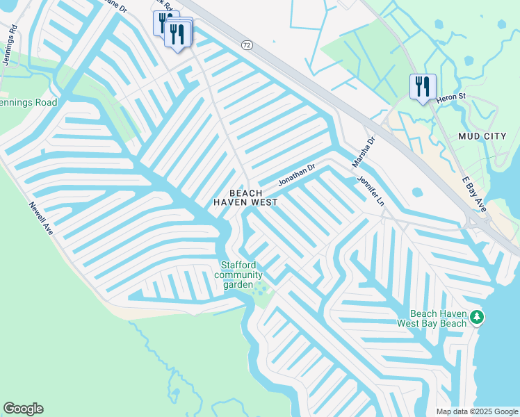 map of restaurants, bars, coffee shops, grocery stores, and more near 96 Glenn Drive in Stafford Township