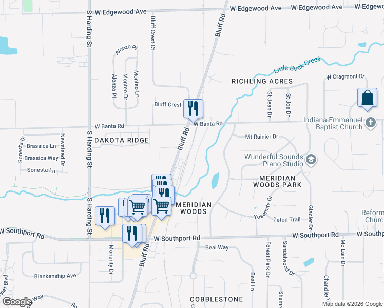 map of restaurants, bars, coffee shops, grocery stores, and more near 6653 Creek Bay Drive in Indianapolis