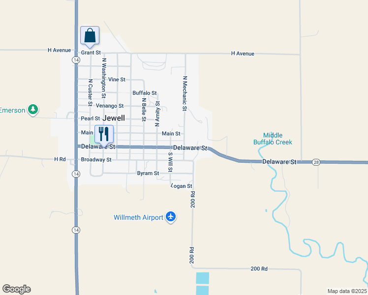 map of restaurants, bars, coffee shops, grocery stores, and more near 201 South Mechanic Street in Jewell