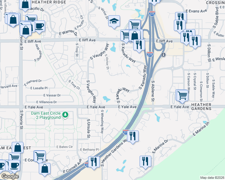 map of restaurants, bars, coffee shops, grocery stores, and more near 2672 South Xanadu Way in Aurora