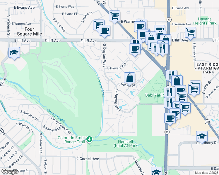map of restaurants, bars, coffee shops, grocery stores, and more near 2649 South Dayton Way in Denver