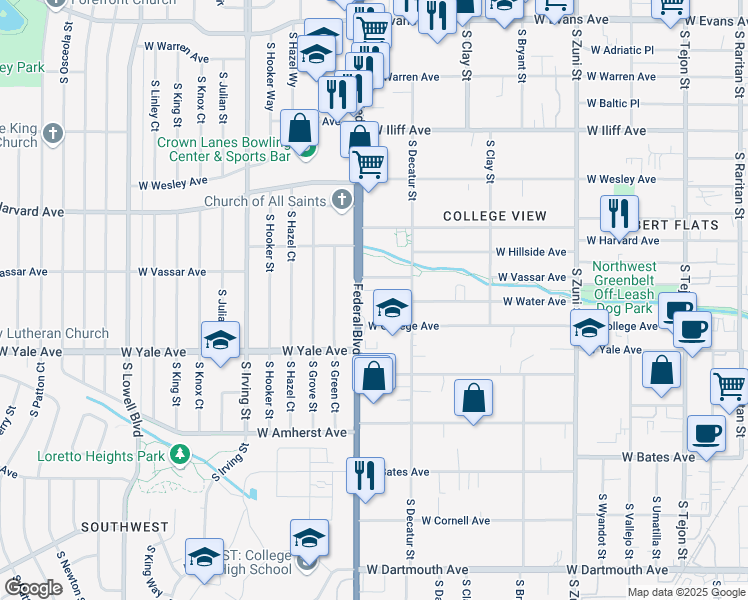 map of restaurants, bars, coffee shops, grocery stores, and more near 2909 West College Avenue in Denver