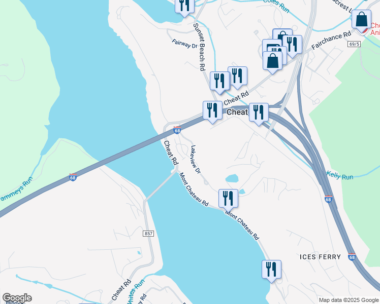 map of restaurants, bars, coffee shops, grocery stores, and more near 801 Lakeview Estates Townhomes in Morgantown