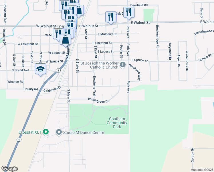 map of restaurants, bars, coffee shops, grocery stores, and more near 420 Goldenrod Drive in Chatham