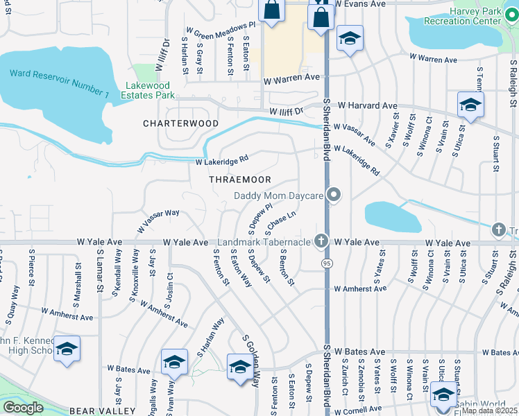 map of restaurants, bars, coffee shops, grocery stores, and more near 2668 South Depew Place in Lakewood