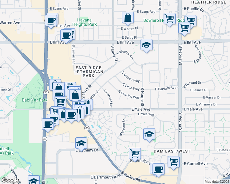 map of restaurants, bars, coffee shops, grocery stores, and more near 2647 South Macon Court in Aurora