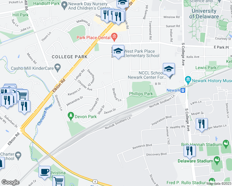map of restaurants, bars, coffee shops, grocery stores, and more near 809 Bradford Lane in Newark
