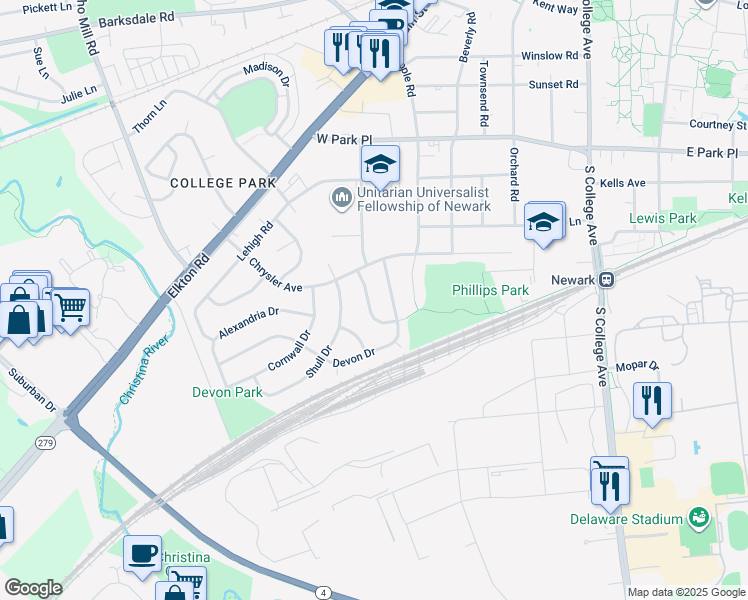 map of restaurants, bars, coffee shops, grocery stores, and more near 809 Bradford Lane in Newark