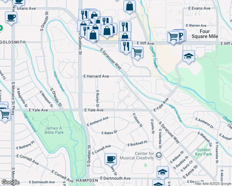 map of restaurants, bars, coffee shops, grocery stores, and more near 2575 South Syracuse Way in Denver