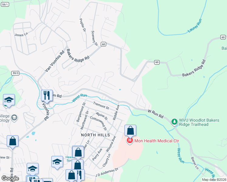 map of restaurants, bars, coffee shops, grocery stores, and more near 111 Creekside Drive in Morgantown