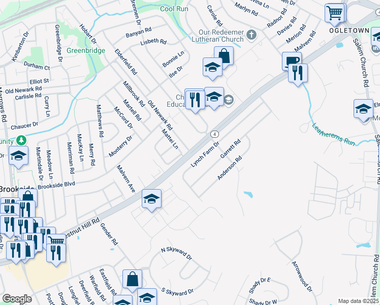 map of restaurants, bars, coffee shops, grocery stores, and more near in Brookside
