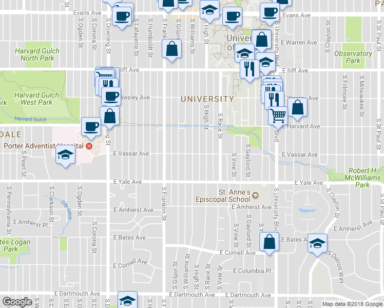 map of restaurants, bars, coffee shops, grocery stores, and more near East Vassar Avenue & South Williams Street in Denver