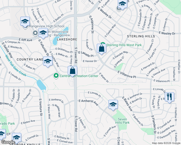 map of restaurants, bars, coffee shops, grocery stores, and more near 2541 South Bahama Circle in Aurora