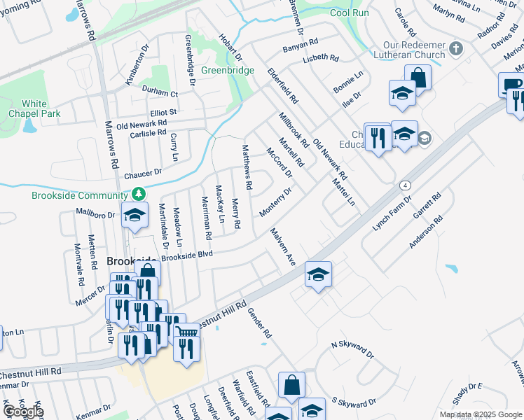 map of restaurants, bars, coffee shops, grocery stores, and more near 3 Monterry Drive in Newark