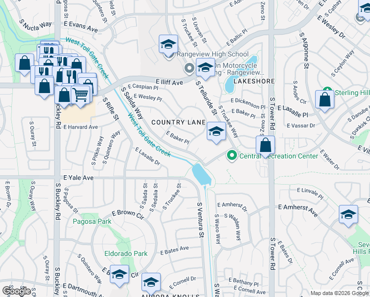 map of restaurants, bars, coffee shops, grocery stores, and more near 17601 East Harvard Place in Aurora