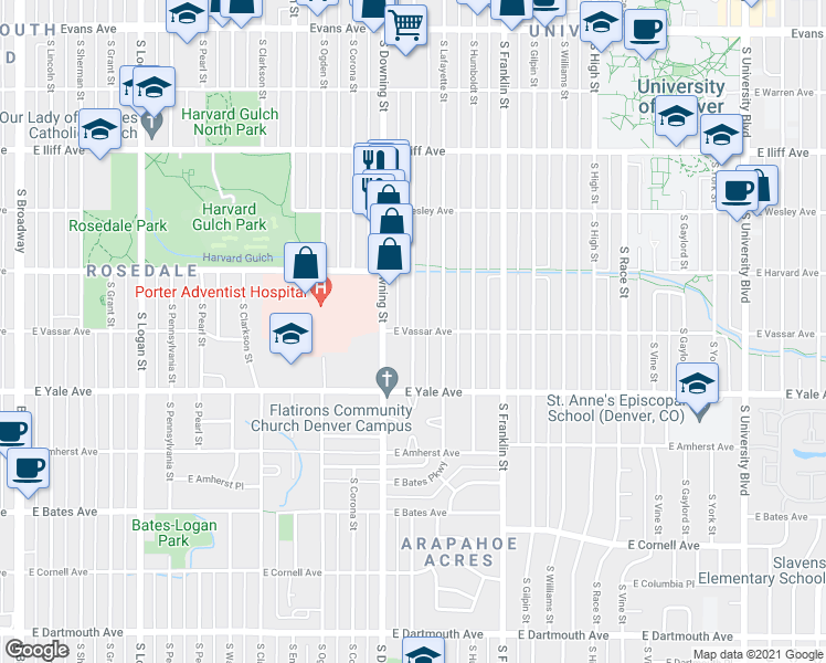 map of restaurants, bars, coffee shops, grocery stores, and more near E Vassar Ave & S Marion St in Denver
