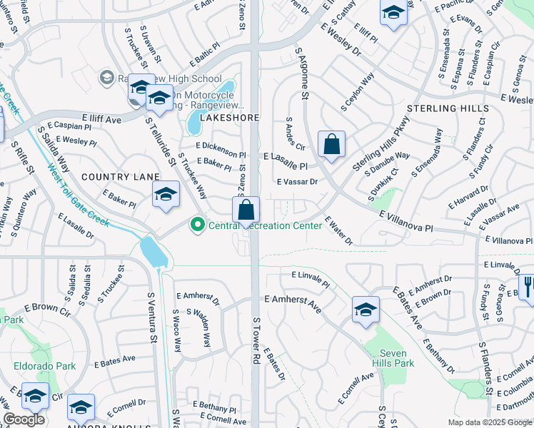 map of restaurants, bars, coffee shops, grocery stores, and more near 2684 Sterling Hills Parkway in Aurora