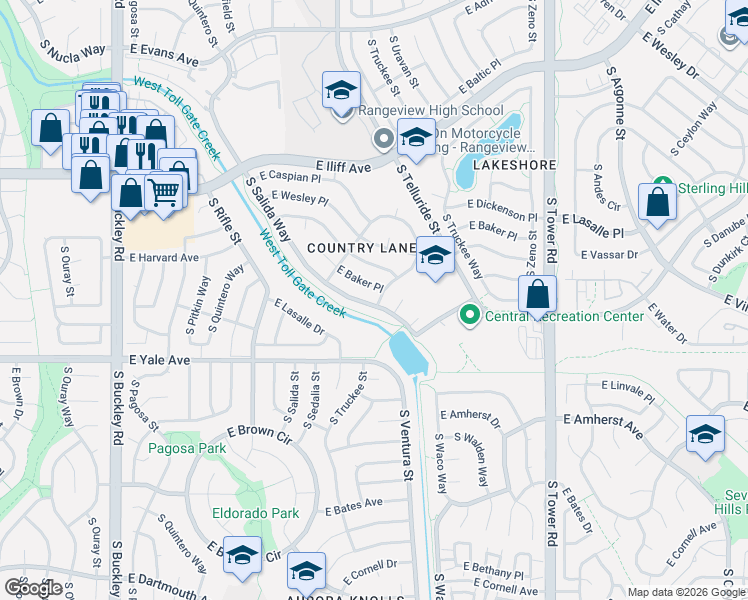 map of restaurants, bars, coffee shops, grocery stores, and more near 17601 East Harvard Place in Aurora