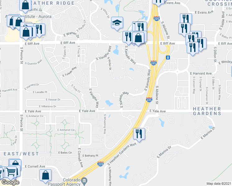 map of restaurants, bars, coffee shops, grocery stores, and more near 2672 South Xanadu Way in Aurora