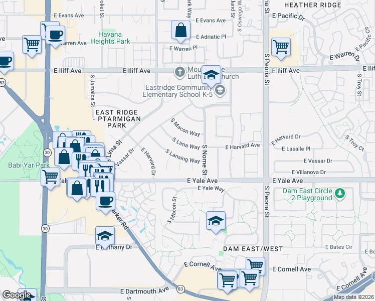 map of restaurants, bars, coffee shops, grocery stores, and more near 2516 South Lansing Way in Aurora