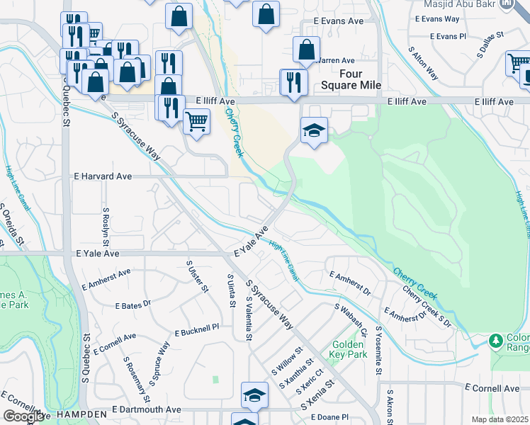map of restaurants, bars, coffee shops, grocery stores, and more near 8250 East Harvard Avenue in Denver