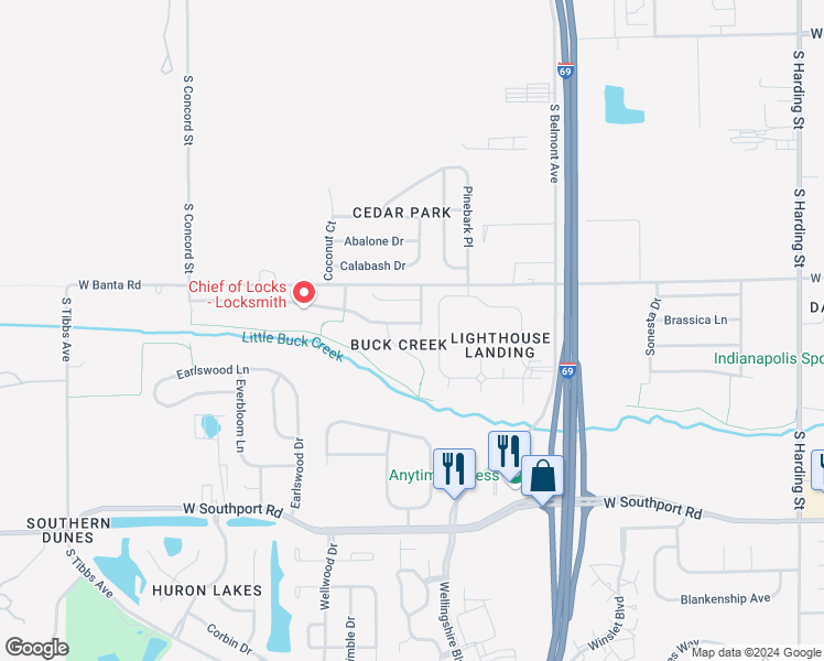 map of restaurants, bars, coffee shops, grocery stores, and more near 2423 Redland Lane in Indianapolis