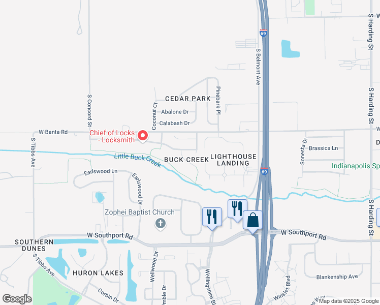 map of restaurants, bars, coffee shops, grocery stores, and more near 2431 Redland Lane in Indianapolis