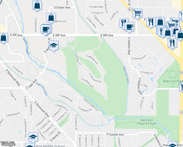 map of restaurants, bars, coffee shops, grocery stores, and more near 9191 East Harvard Avenue in Denver