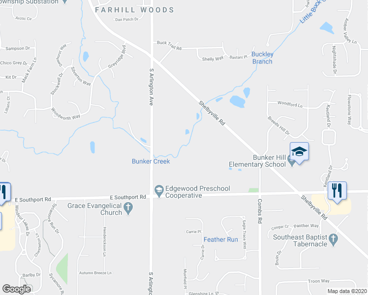 map of restaurants, bars, coffee shops, grocery stores, and more near 6725 South Arlington Avenue in Indianapolis